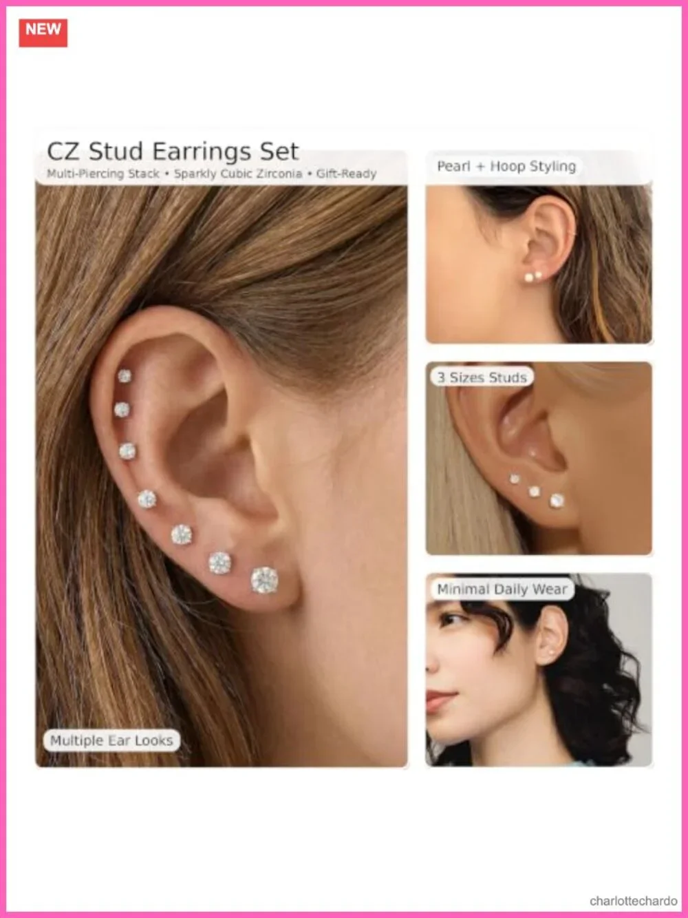 14K Gold Plated Hypoallergenic CZ & Pearl Stud Earrings Set - 10 Pairs